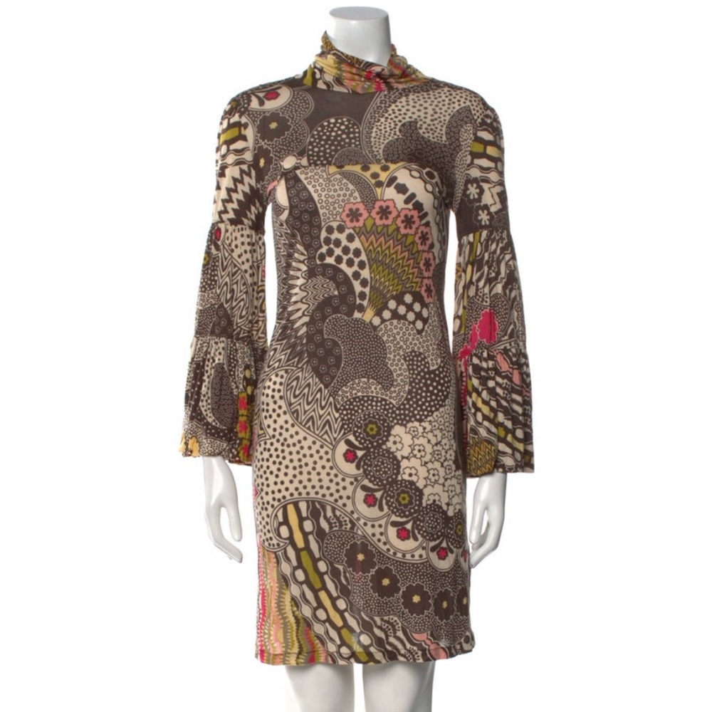 M Missoni Printed Multicolor Viscose Long Bell Sleeve Turtleneck Shift Dress 4